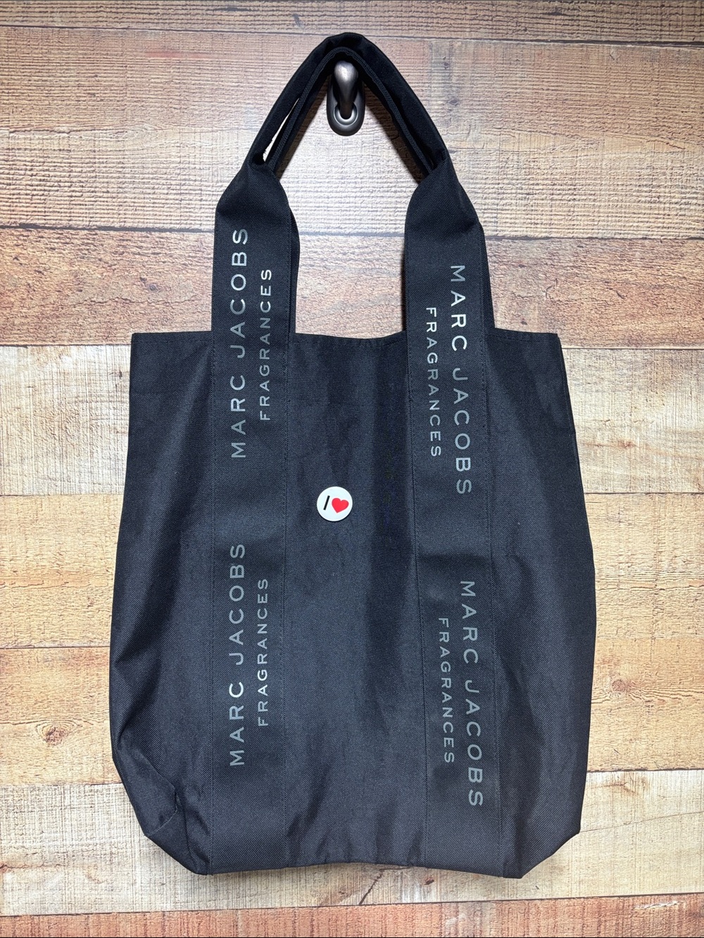 Marc Jacobs Fragrance Black Logo Strap Tote Bag with Heart Pin
